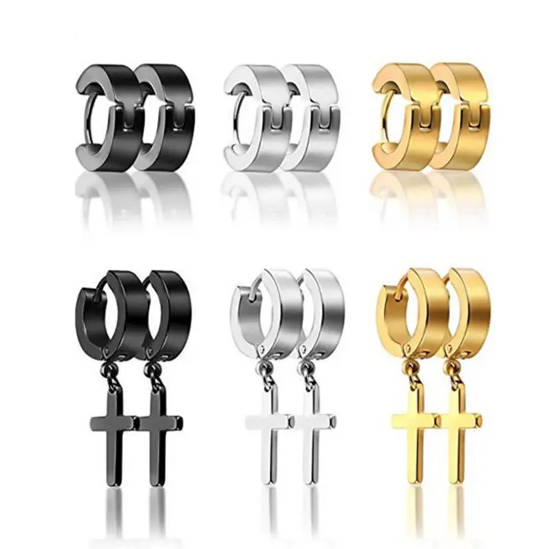 

6 Pair/set Fashion Stainless Steel Punk Earrings Men Women Simple Wild Cross Pendant Earring Jewelry Couples Ear Stud Gifts E56A
