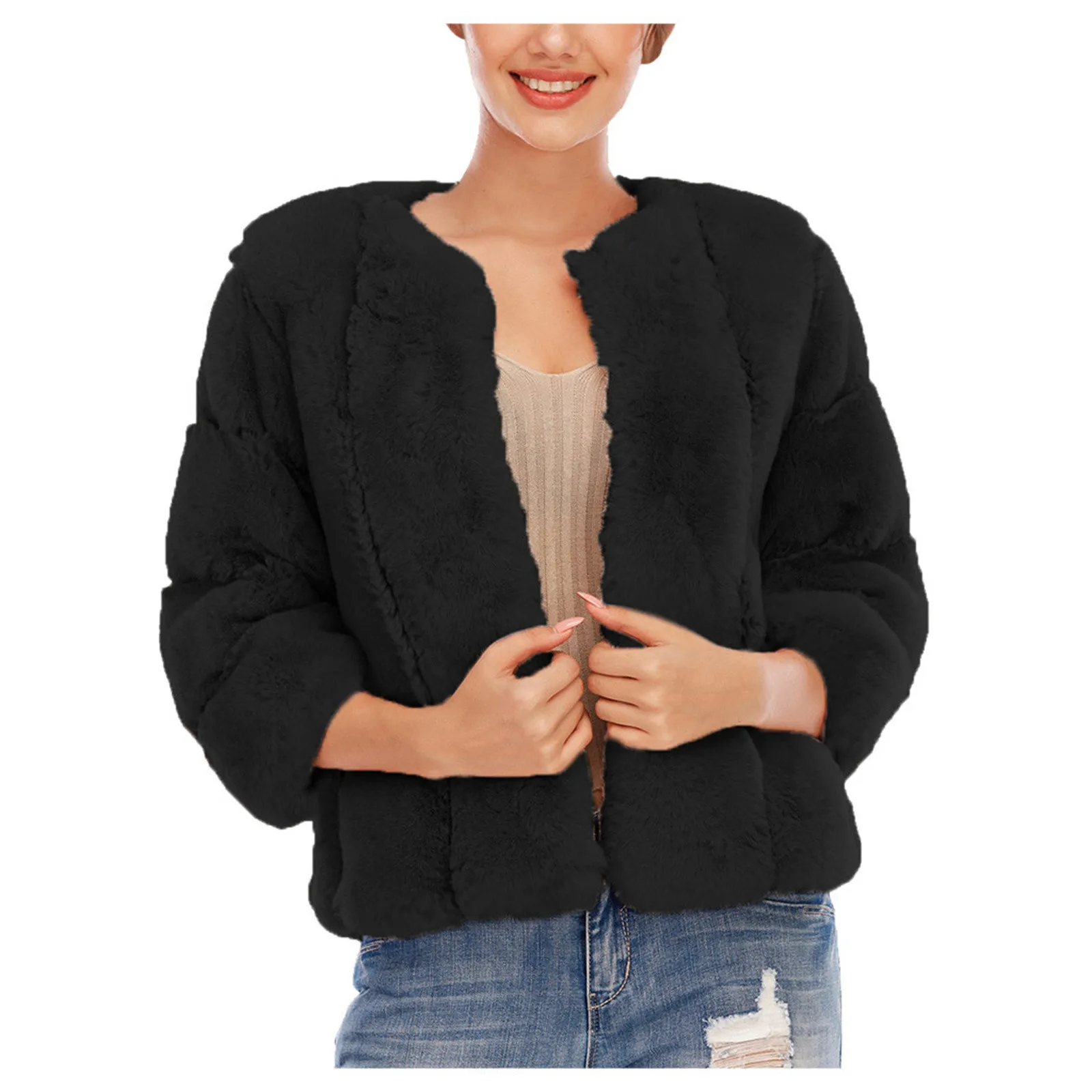 

Women Solid Coats Plus Size Short Faux Coats Warm Furry Fashion Jacket Long Sleeve Warm And Soft Outerwear Lightweight Jacket
