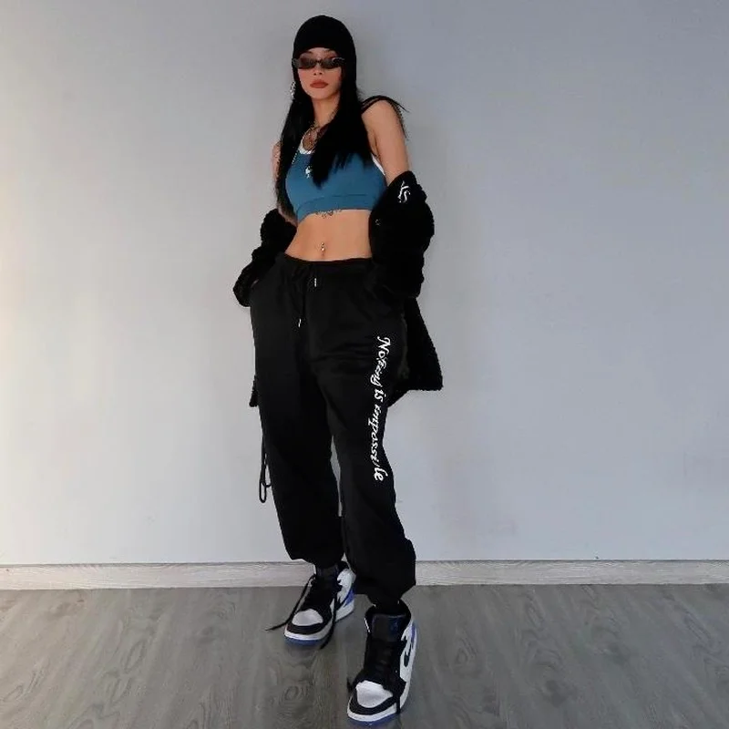 

QWEEK Hip Hop Black Sweatpants Women Baggy Harajuku Jogging Sports Pants Oversize High Waist Trousers Female Streetwear Fashion
