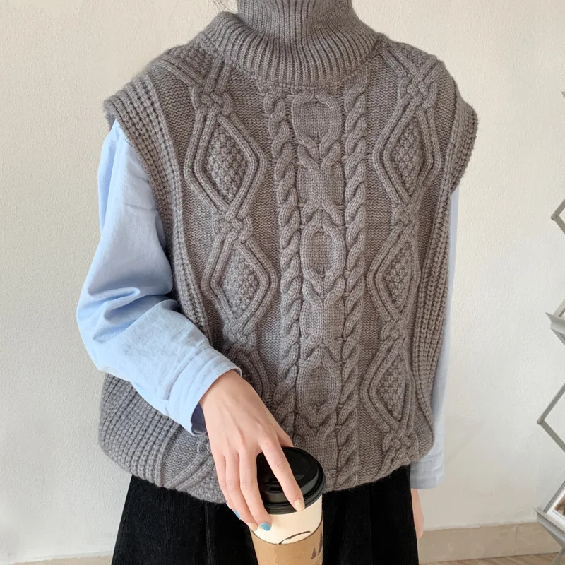 

2022 New Women Spring Autumn Turtleneck Twist Sleeveless Short Tank Sweater Jacket Beige Korean Knitted Pullover Waistcoat Vests