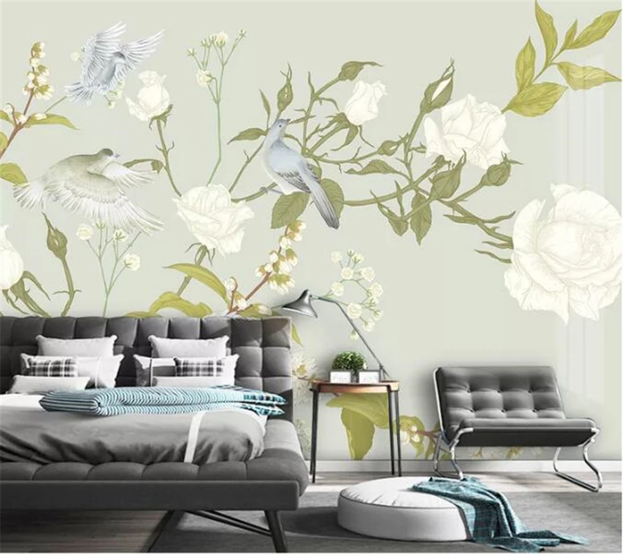 

mural Custom wallpaper papel de parede Nordic hand painted small fresh medieval tropical plants flowers and birds background