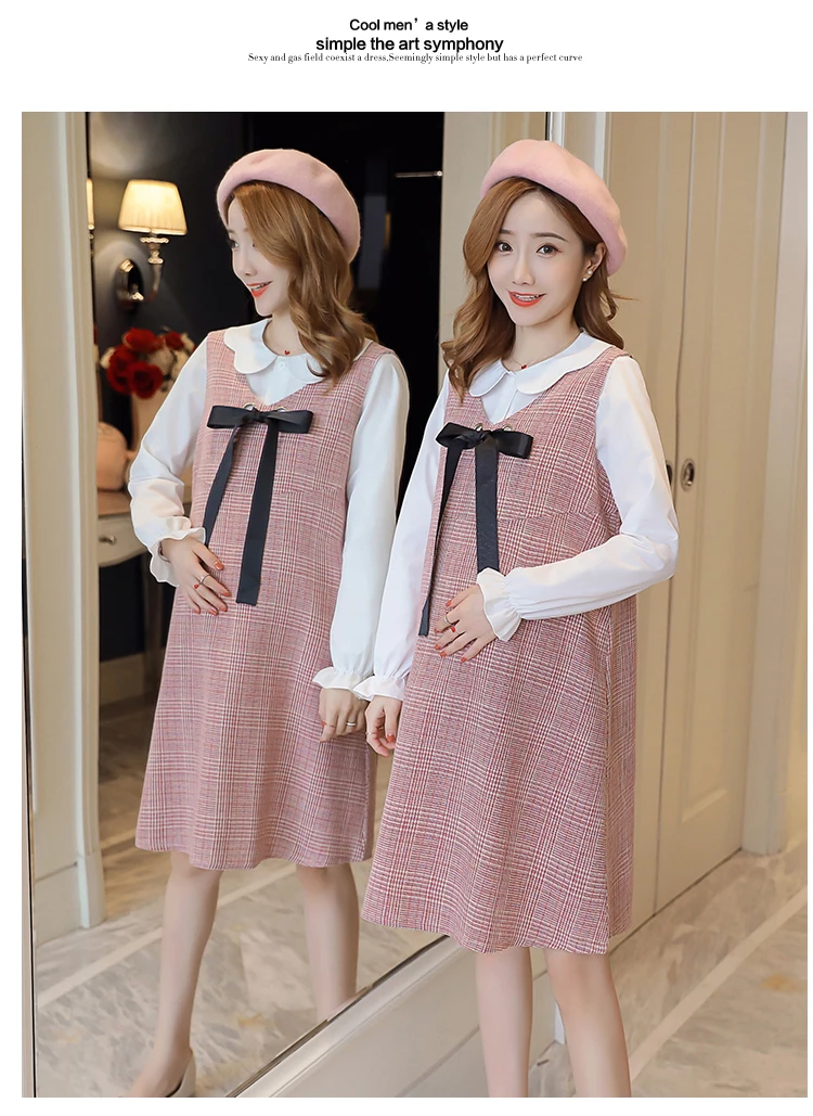 6596# 2PCS/Set Autumn Korean Fashion Maternity Dress Sweet Lovely Straight Loose Clothes for Pregnant Women Fall Pregnancy