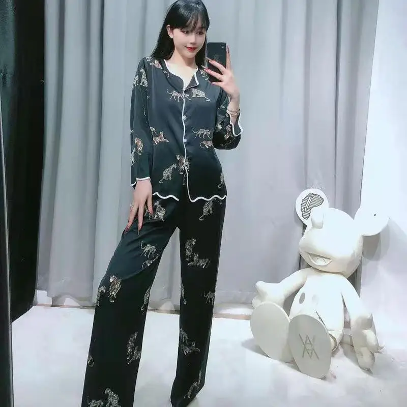 

Spring Summer Women Pajamas Set Simple Style White Print Bow Sleepwear Pyjama Pour Femme Soft Faux Silk Satin Bathrobe Home Wear