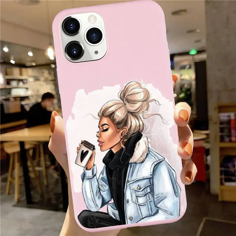 

Princess Female boss coffee pattern luxury mobile Phone Case Candy Color for iPhone 6 7 8 11 12 s mini pro X XS XR MAX Plus