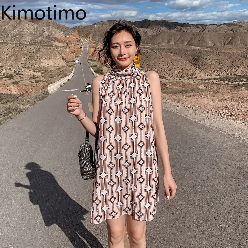 

Платье Kimotimo женское винтажное, элегантное пляжное короткое с принтом, с лямкой на шее, в французском стиле, без рукавов, лето 2021