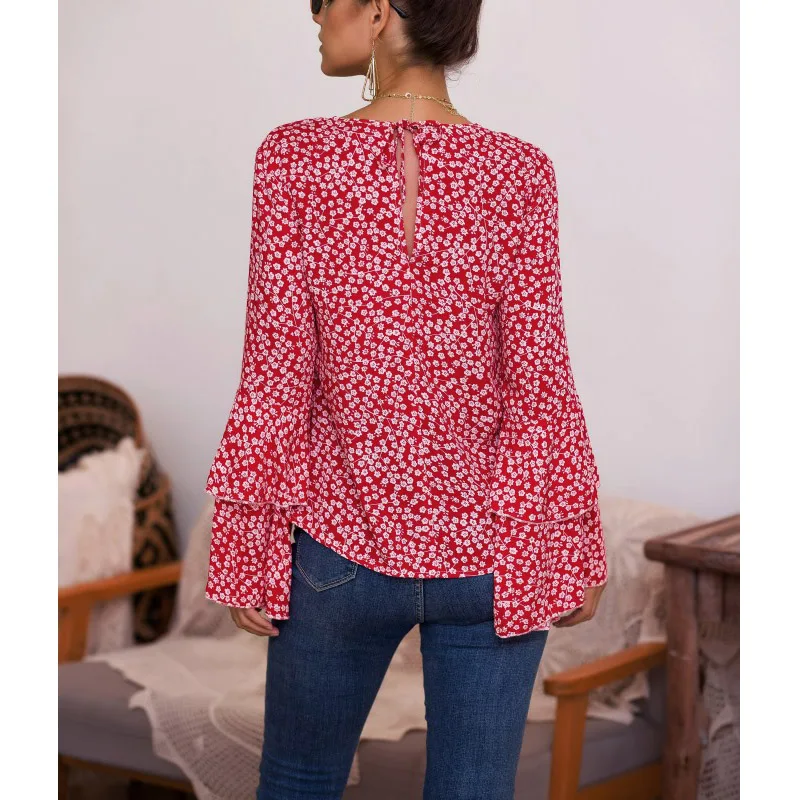 

Women Spring Autumn V Neck Floral Flower Print Flare Loose Top Shirt double Ruffles Long Sleeve Chic Blouse