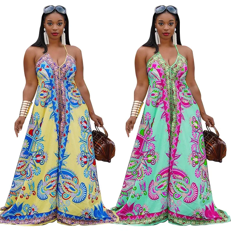 

Bohemian Style Women Sexy Halter Loose Jumpsuits 2021 Summer Sleeveless Backless High Waist Color Printing Plus Size Rompers