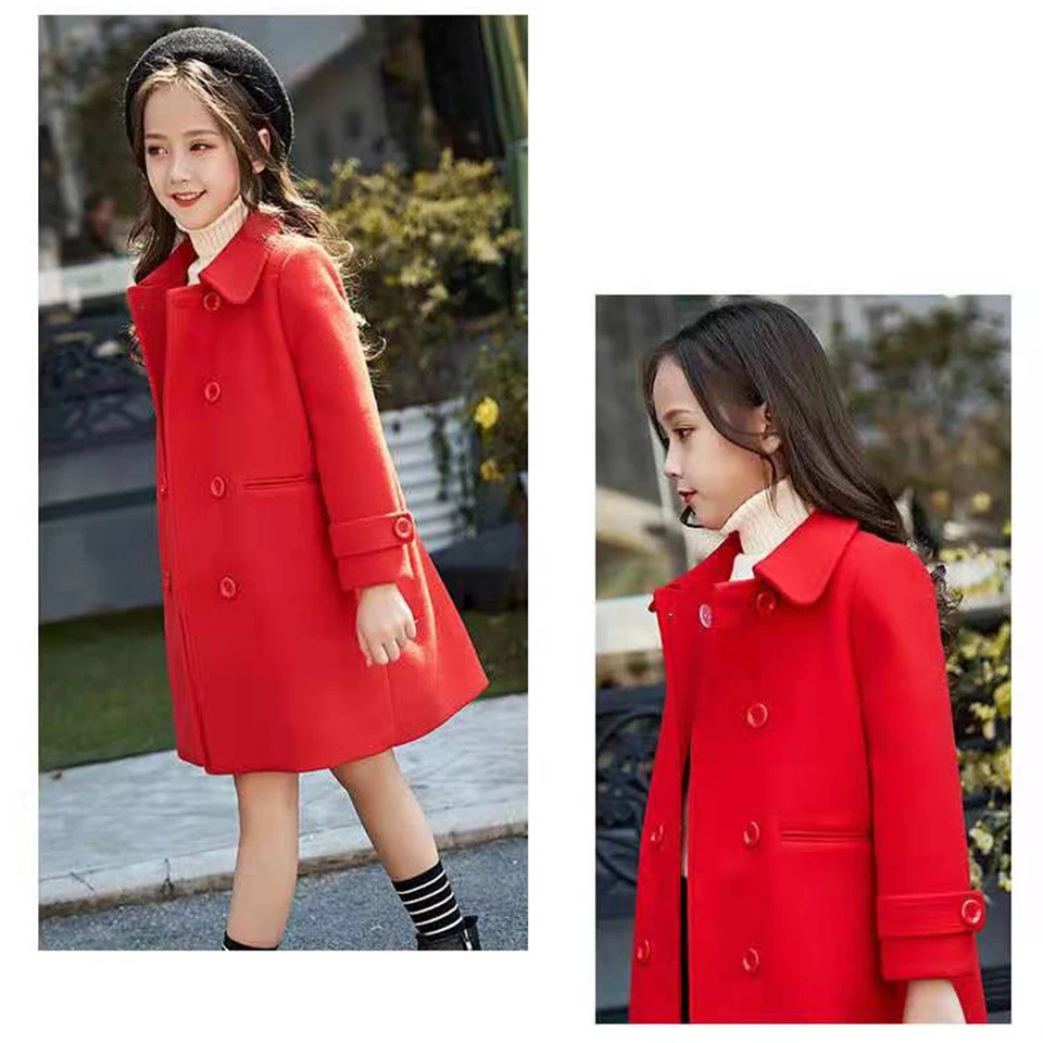 Baby Girls Red Wool Jackets Coats 2020 Autumn Winter Outwear Kids Girls Clothes Children Long Sleeve Coat Size For 120-160 Cm