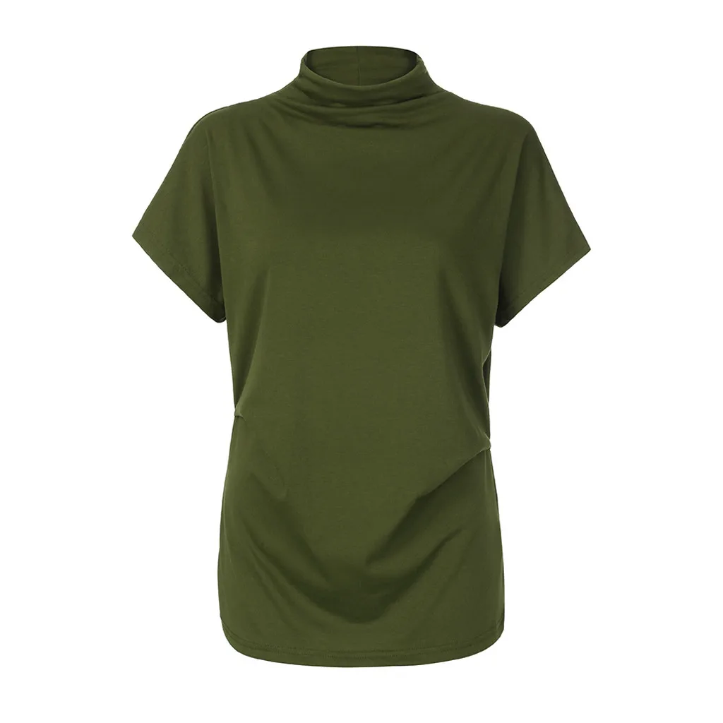 Women Plus Size Shirt Summer Tunics Korean Blouses Casual Turtleneck Loose Short Sleeve Solid Shirts #YJ |