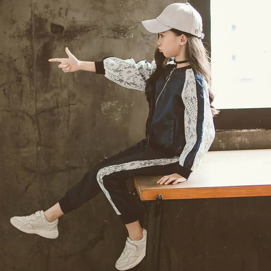 Спортивная одежда для девочек кружевная в полоску куртка + штаны детская