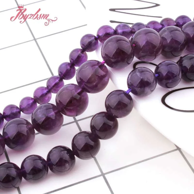 

6,8,10,12,14mm Smooth Round Amethysts Crystal Natural Stone Loose Beads for DIY Women Men Necklace Bracelat Jewelry Making 15"