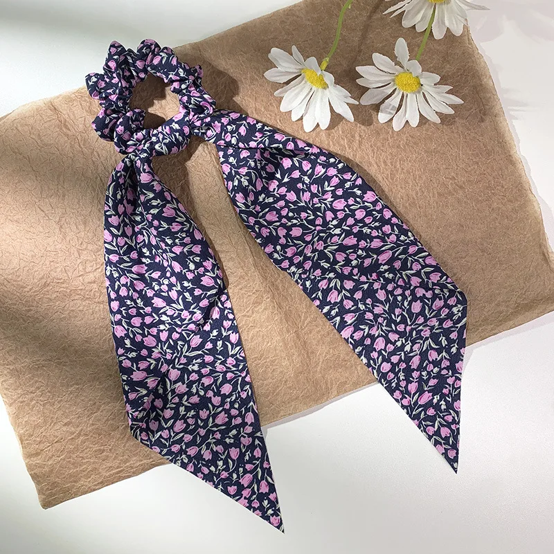 

New Floral Print Bow Scrunchies long Ribbon Ponytaiul scarf Hair ties Scrunchy Women Girls Elastic Hair Bands Hair accessories