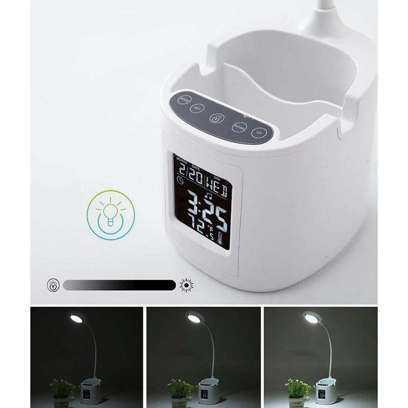 360 degree LED Desk Lamp USB Charging Alarm Clock Thermometer Calendar 3-Level Dimmer Table with Pen Holder | Освещение