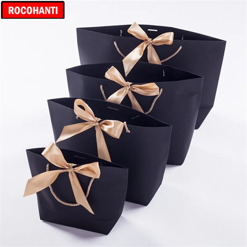 50X Custom Printed Your Own Logo Thick 250grams Black Cardboard Paper Clothing Gift Shopping Paper Bag With Gold Ribbon Handles