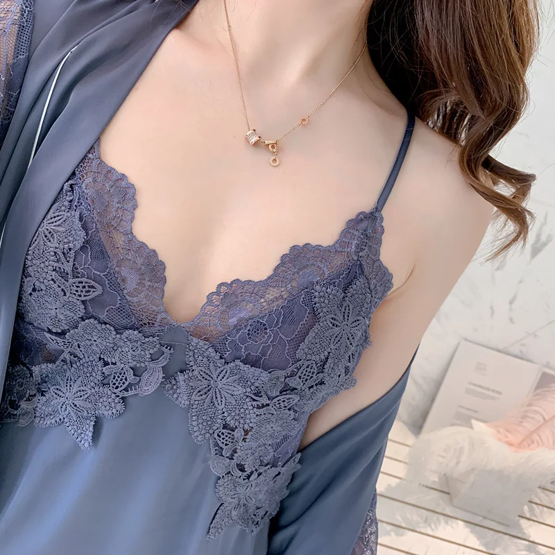 

Women 2PCS Robe Set Sexy Satin Bathrobe With Pads Kimono Gown Nightgown Full Slip Lace Sleepwear Nightwear Soft Homewear