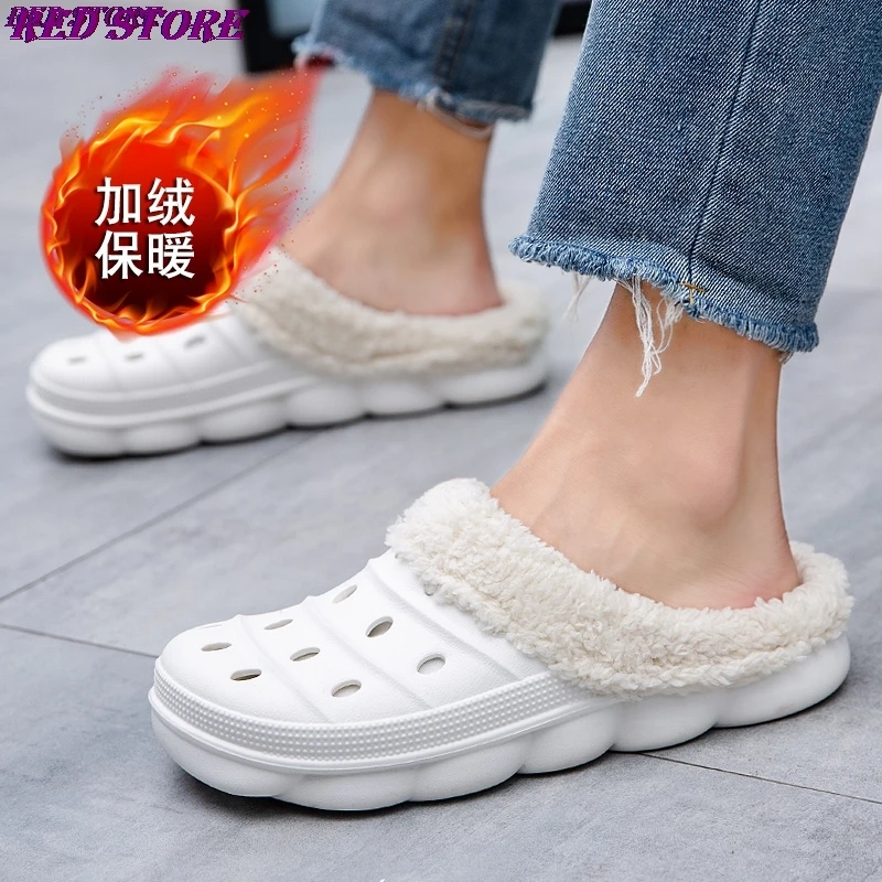 

Men Women Winter Warm Fur EVA Sandals Clogs Couples Plush Indoor Hole Shoes Antiskid Lightweight Furry Home Slippers Footwear