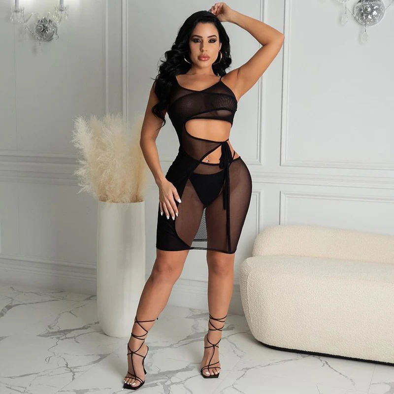 

Summer Sling Tight-fitting Strappy Women Sexy See Through Contrast Patchwork Mini Dress 2021 Chic Bodycon Sleeveless Streetwear