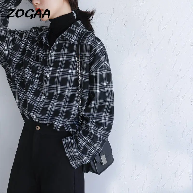 

ZOGAA Shirts Women Autumn Female Top Outwear Plaid Oversize 3XL Loose Ulzzang Korean Trendy Ins BF Chic All-match Classic Retro