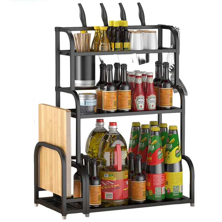 

50cm Stainless Steel 3 Tier Kitchen Countertop Spice Rack Organizer Cabinet Shelves Knife Holder with Cutting Board Rack