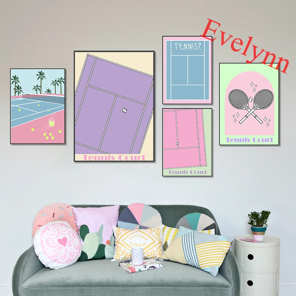 

Tennis Court Poster,Club, Retro, Pink Painting, Gallery Wall,Modern Living Room Decor Canvas Nordic Wall Art Prints Unique Gift