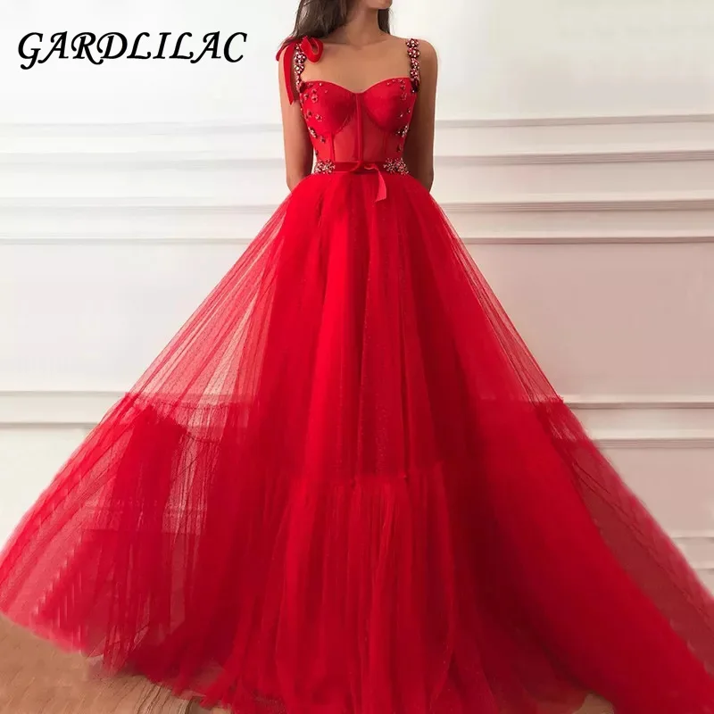 

Gardlilac 2021New Long Spaghetti Straps Prom Dresses 3D Flower Beaded Belt Evening Dresses Tulle A Line Prom Ball Gowns 2021