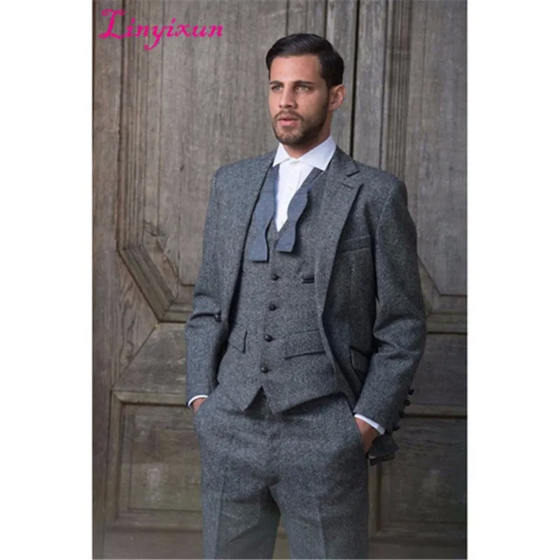 

Linyixun 2020 Custom Made Grey Tweed Formal Men Suit Slim Fit Classic Custom Mens Tuxedo 3 Piece Wedding Suits