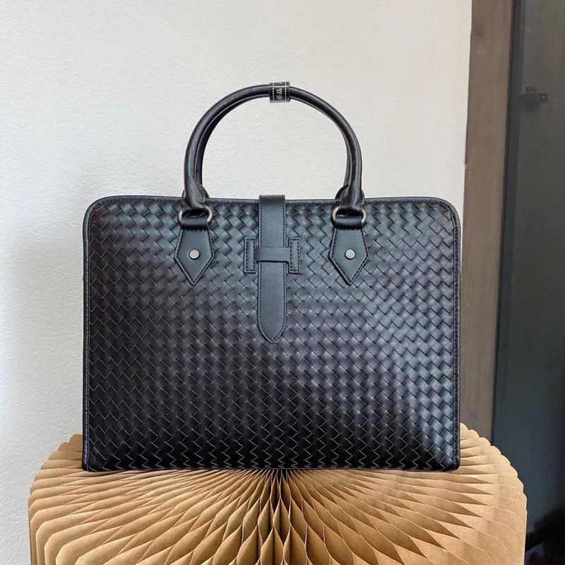 

Men's Woven Briefcase, 14-Inch Computer Bag, Leather Document Bag, Business And Leisure Travel Messenger Bag, 38 X 29 X 9 CM