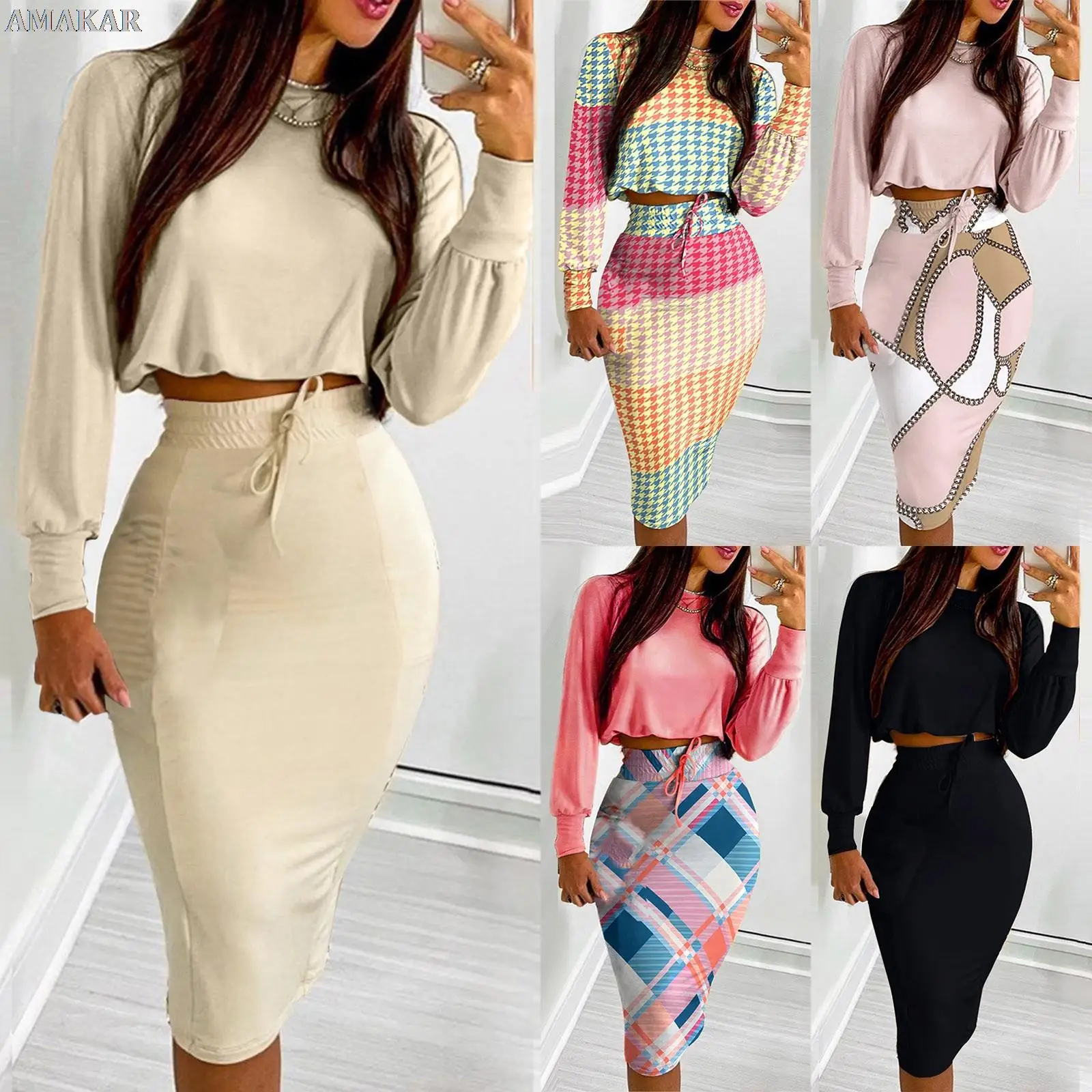 

Female Elegant Outfits Women Fashion Long Sleeve Top & Checker Print Drawstring Shirred Skirt Set Ofice Dress
