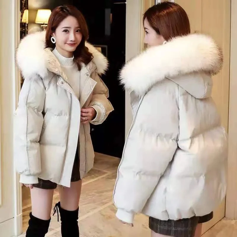 

2021 Women's Short Cotton Coat Loose Korean Thicken Padded Clothes Winter New Loose Rabbit Faux Fur Collar Warm Casual Jacket