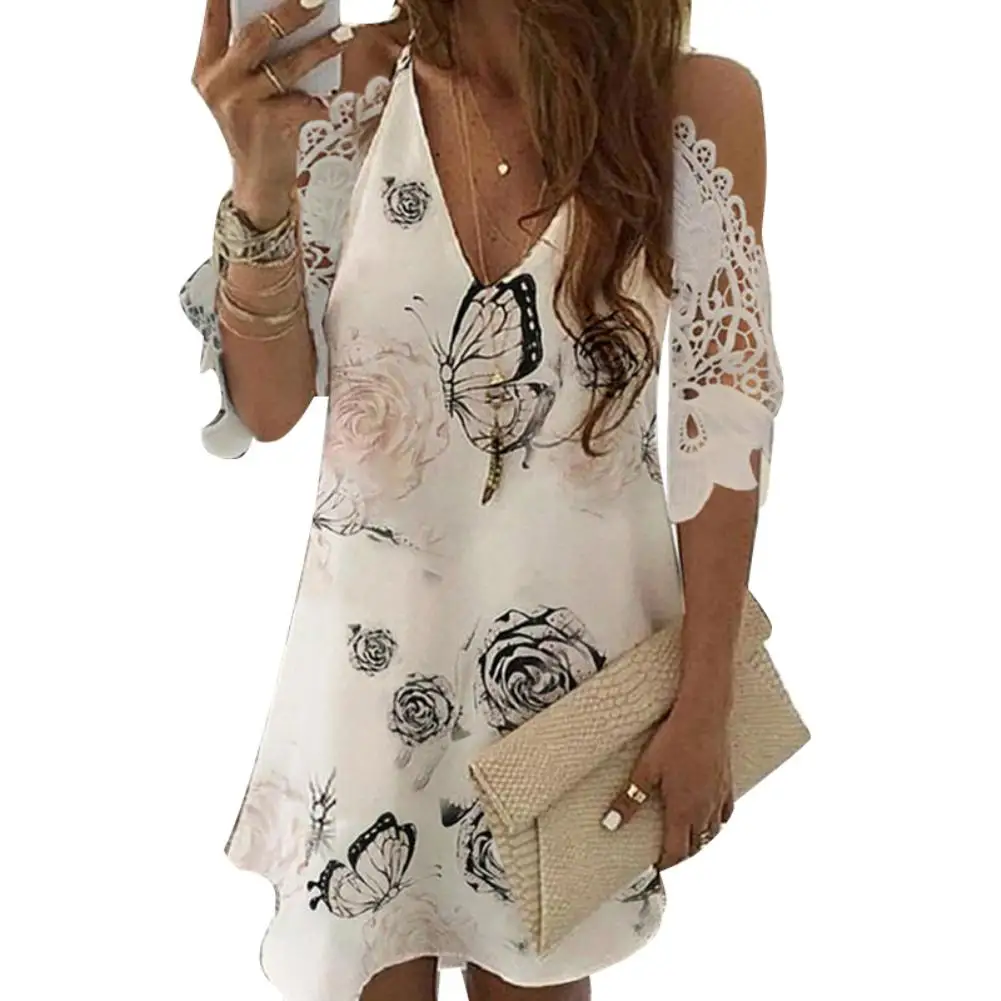 

Women Sexy V Neck Pineapple Floral Print Cold Shoulder Lace A Line Beach Dress A Line Beach Dress