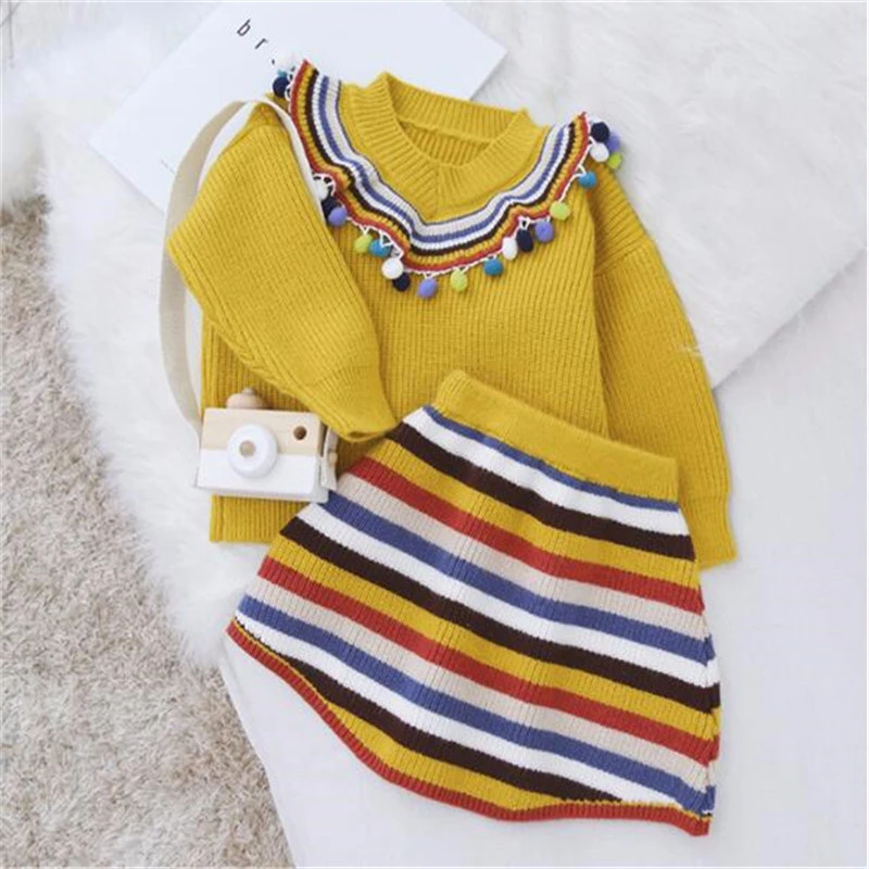 Ali1499Y Knit комплекты трикотажной одежды для девочек; детский шерстяной свитер в полоску; платье-комбинезон; пуловер с кроличьими волосами; комплект одежды для детей - Цвет: Ali1499Y