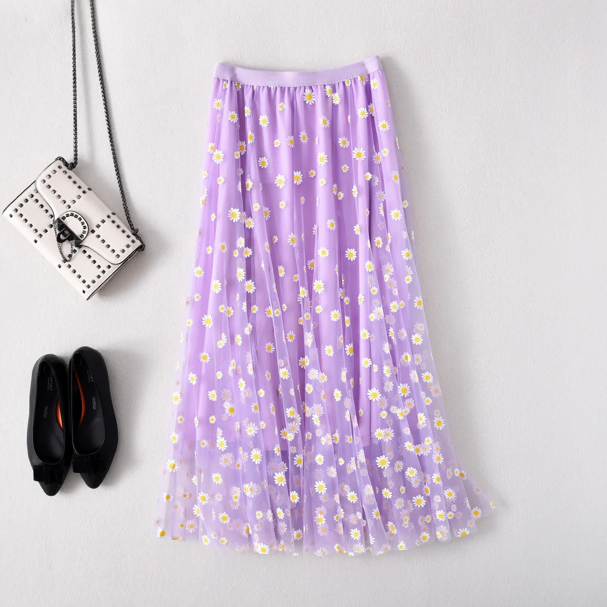 

Daisy Purple Mesh Skirt Midi A- Line Midiskirt 2020 Summer New Sweet Stitching Gauze Expansion Skirt