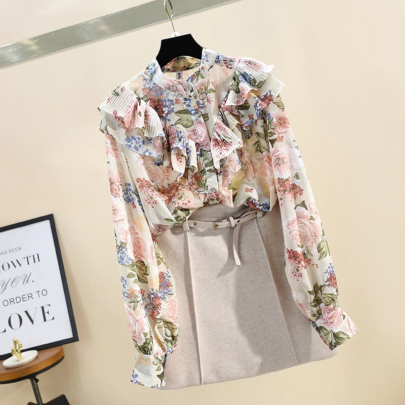 

Spring Autumn Women's Chiffon Shirt Lantern Sleeve Chiffon Shirt Ruffled Long Sleeve Floral Shirt Female Top GD438