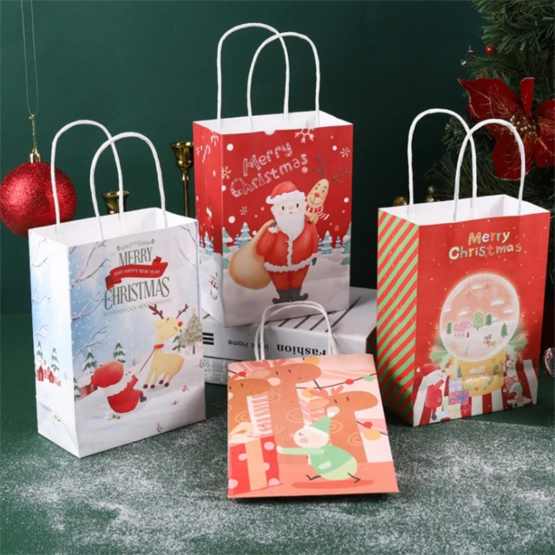 

10Pcs Christmas Kraft Gift Bags Xmas Goody Bags With Handle 6 Style Paper Candy Treat Bags for Christmas Party Favor Decorations