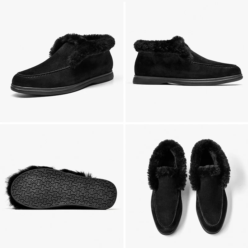 

Ankle Women Cow Suede Leather Snow Boots Round Toe Warm Wool Slip-on Ladies Winter Fur Shoes Handmade