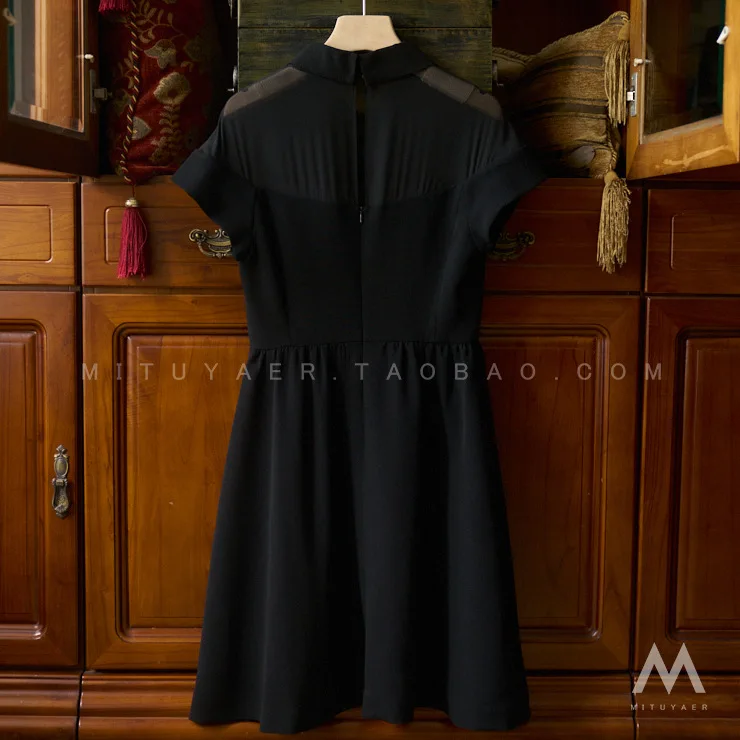 

Elegant Thin Shoulders Through Yarn Stitching Short-sleeved Lapel Short-sleeved Ladies Black Dress 2021 New Summer Women's Dress