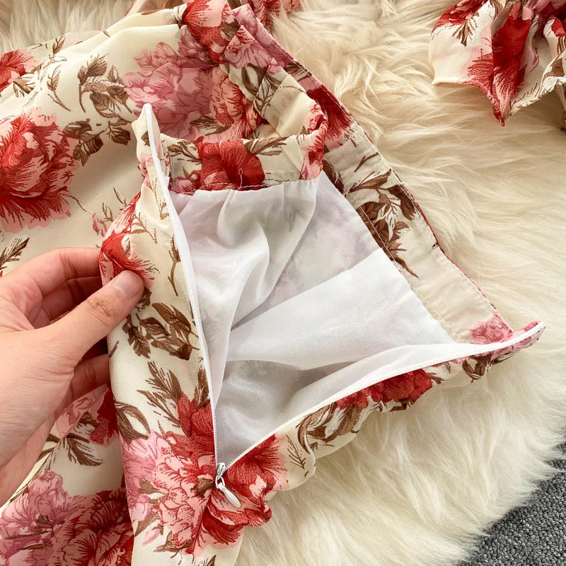 

Holiday Vacation 2 Piece Dress Sets Women Bohemian Ruffle Floral Print Dresses Suit Summer Short Top Belt Sexy Chiffon Skirt Set
