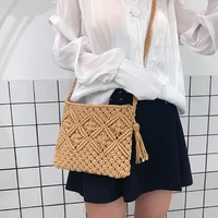 straw hand woven bag clutch beach shoulder bags handmade vintage fashion cotton tassel crossbody messenger bag braided handbag