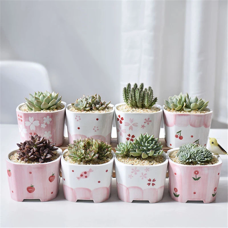 Pink Ceramic Flower Pot Cute Succulent Planter Hand-painted Desktop Green Plants Pot Set With Hole Garden Indoor Home Ornaments