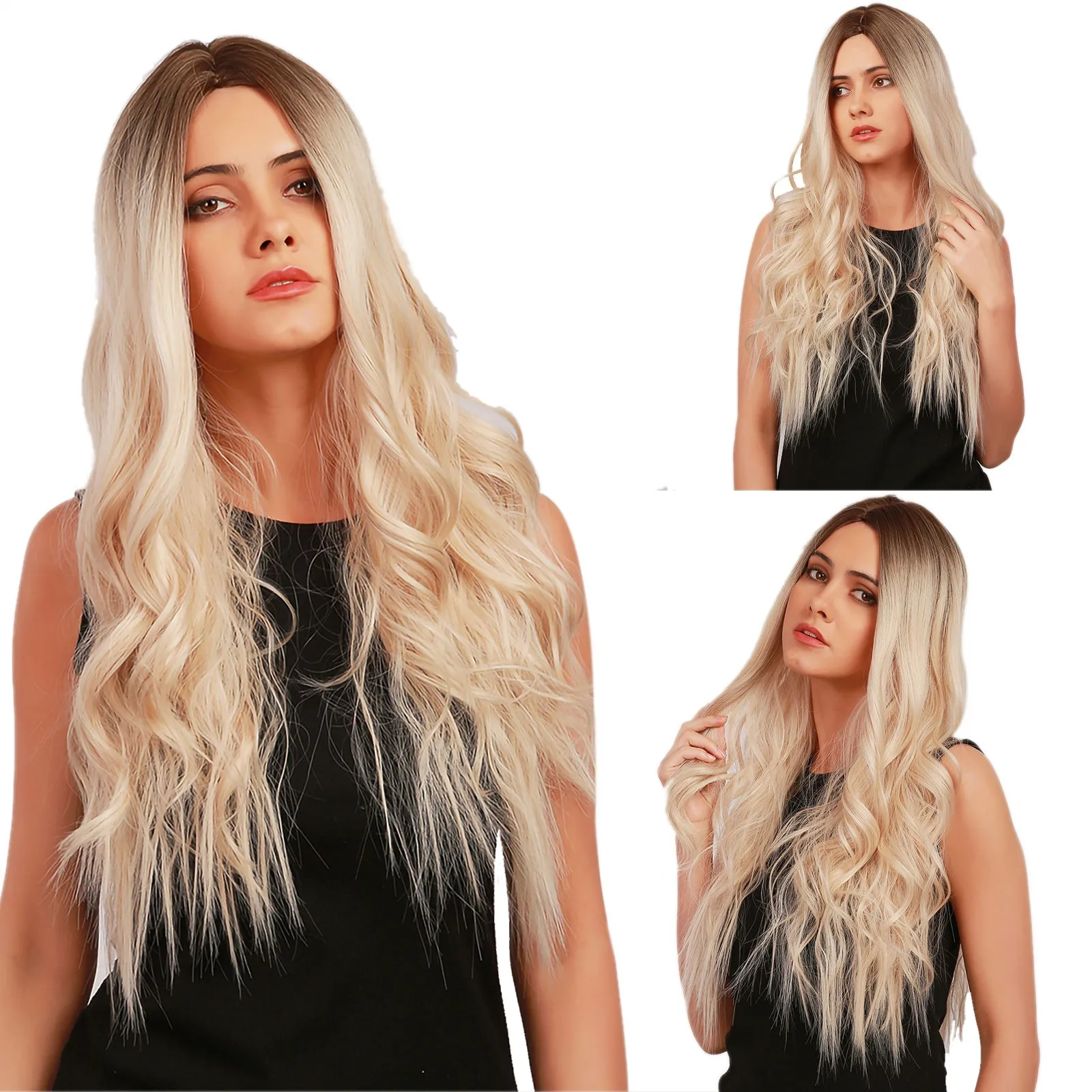 

Long Body Wave Wigs Ombre Black White Blonde Synthetic Wig Cosplay Middle Part Natural Heat Resistant Wig For Women#g30