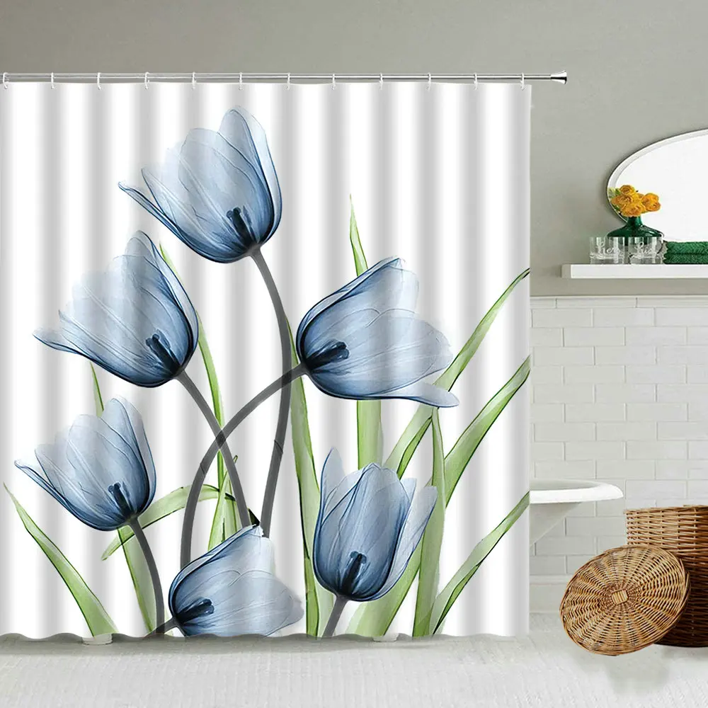 

Tulip Flower Shower Curtain Plant Leafs Transparent Floral Art European Style Bathroom Wall Decor Waterproof Screen With Hook