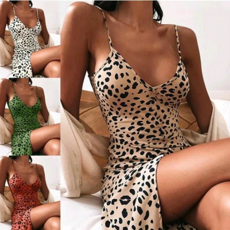 

Loose Leopard Print Dress Ladies V-Neck Convetriot Dresses Summer Casual Outfits Green Robes Summer Dinner Outfit Wowen 2021 New