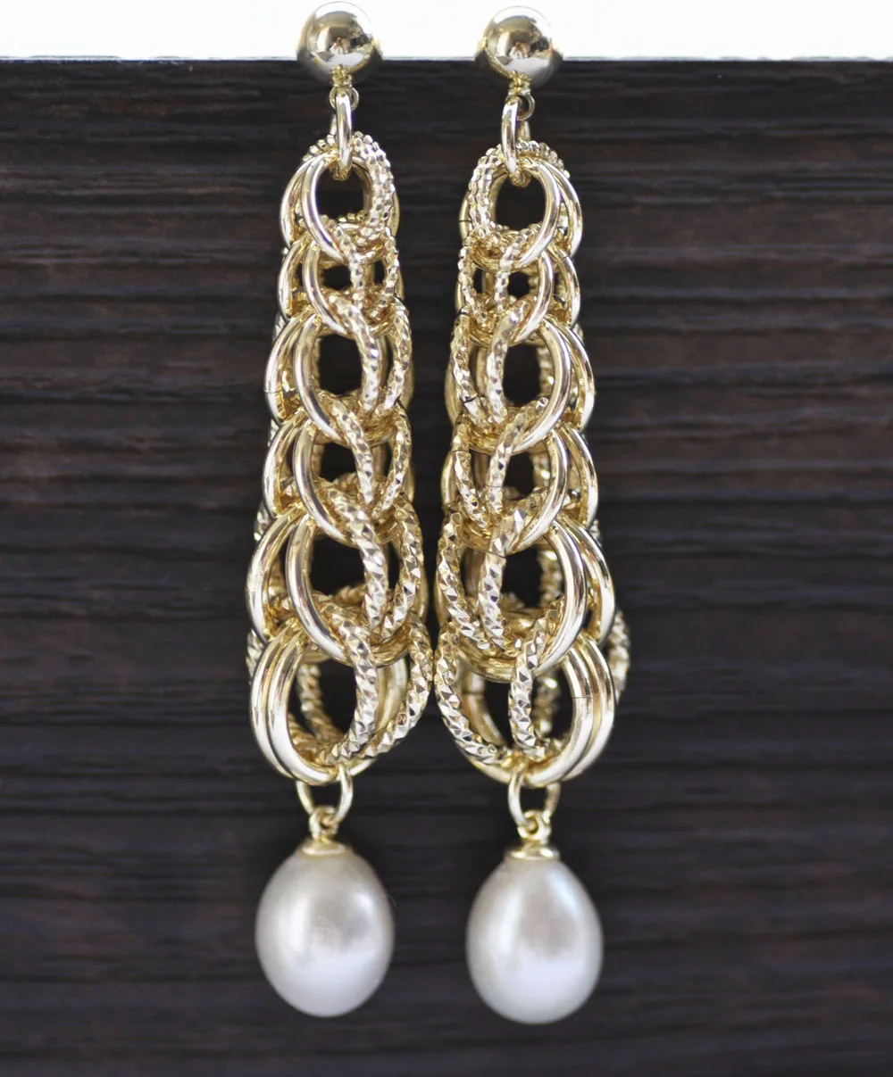 

Z11037 2.5" 11mm White Drop Pearl gold-plating Chain Tower Dangle Earring