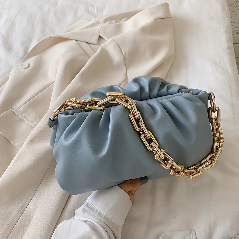 

Gold Chain PU Leather Bag For Women 2021 Summer Armpit Bag Lady Shoulder Handbags Female Solid Color Travel Hand Bag