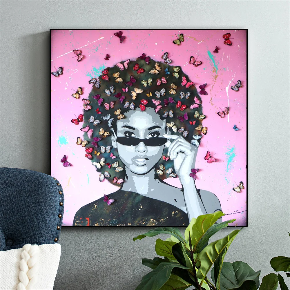 

Graffiti Art Posters and Prints Wall Art Canvas Painting Cool Girl with Butterfly Hairdressing Pictures for Living Room Decor