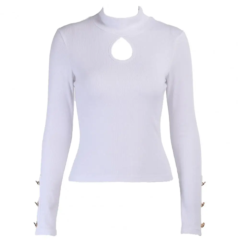 

Sexy Women Blouse Cotton Polyester Long Sleeve Turtle Neck Hollow Out Chest Blouse Buttons Cuff Pullover Black M Women's Tops