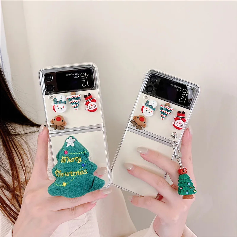 

sFor Samsung Galaxy Z Flip 3 Case 3D Doll Merry Christmas Clear Crystal PC Hard Cover For Samsung Galaxy Z Flip3 5G ZFlip3 Case