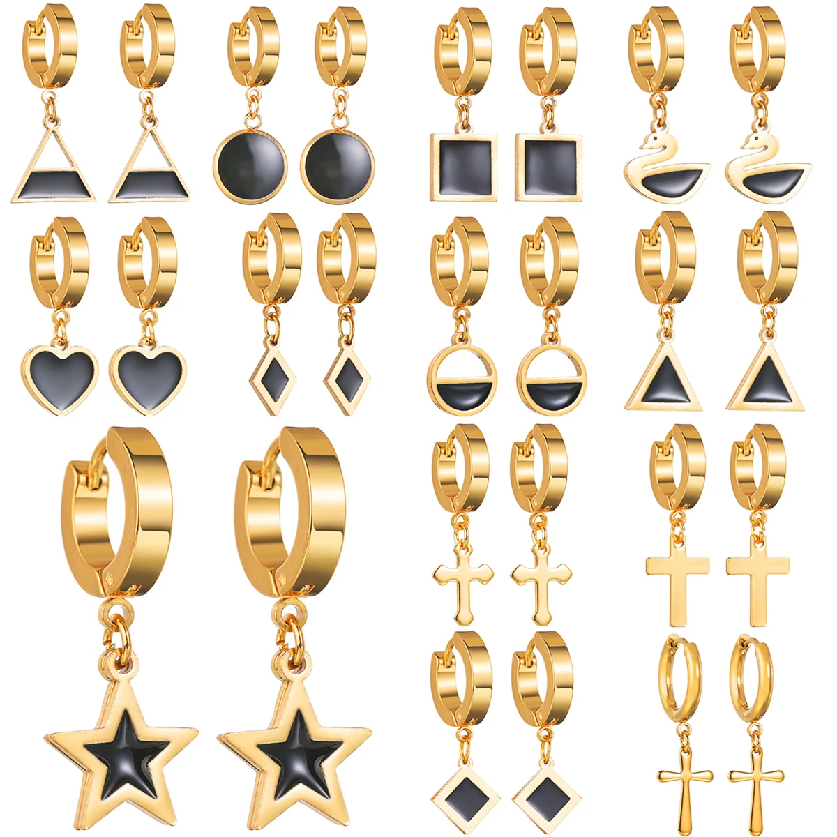 

Geometric 13 Styles Heart Cross Classic Gold Color Hoop Earrings for Women Ladies Fashion Stainless Steel Drop Earring Jewelry