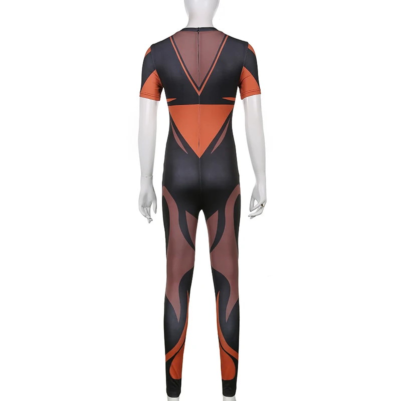 

CIBBAR Print Patchwork Skinny Jumpsuit Women Lounge Wear Vintage Hipster Short Sleeve Bodycon Sporty Overalls Casual One Piece