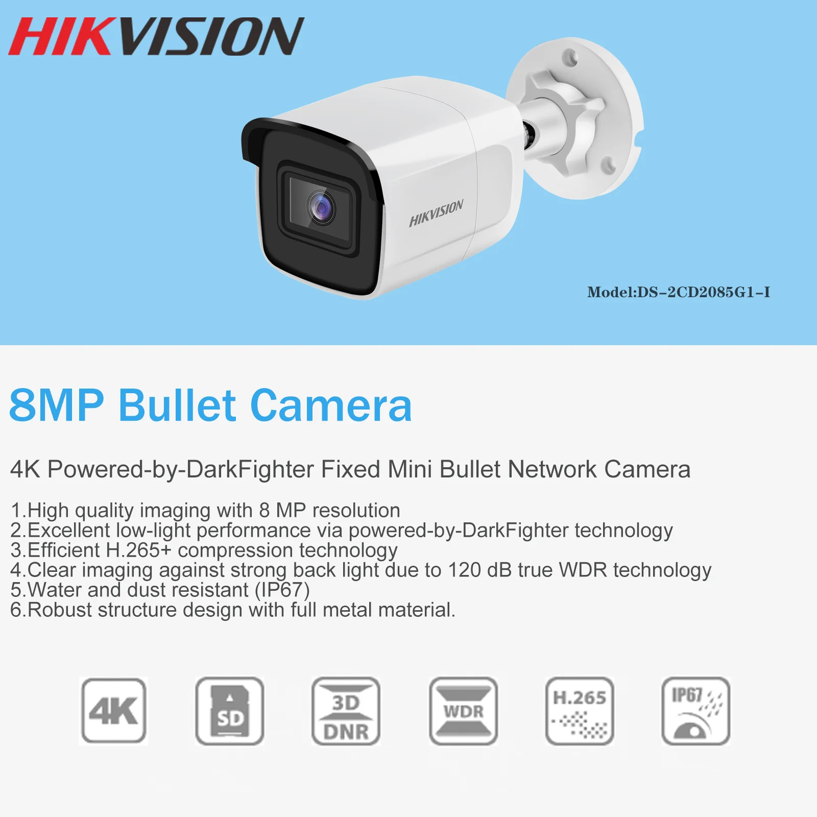 Hikvision IP Камера DS 2CD2085G1 I 8MP 4K H265 + мини POE камера для использования вне помещения